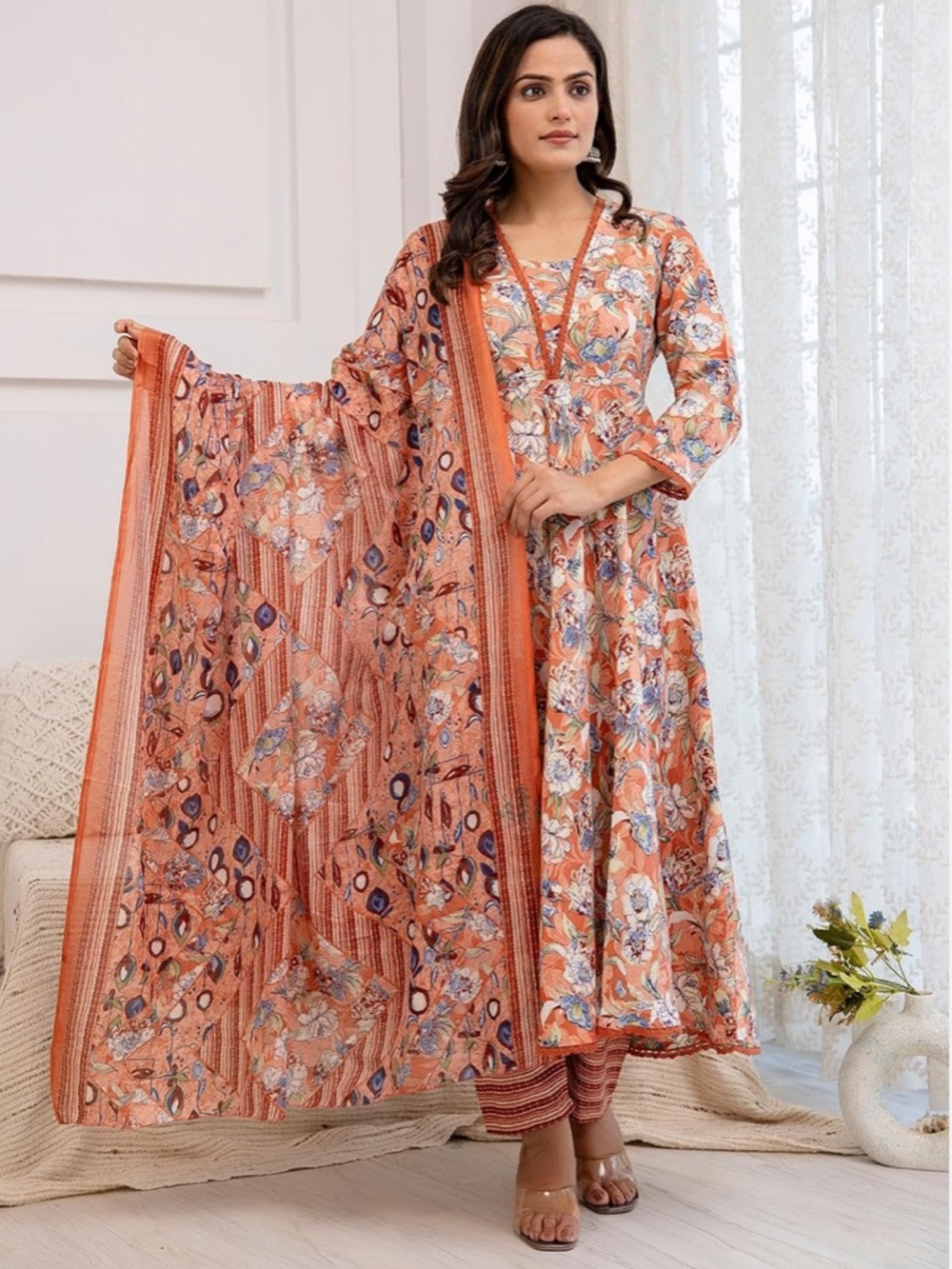 Women's Printed Cotton Anarkali Kurta and Pant with Dupatta Set